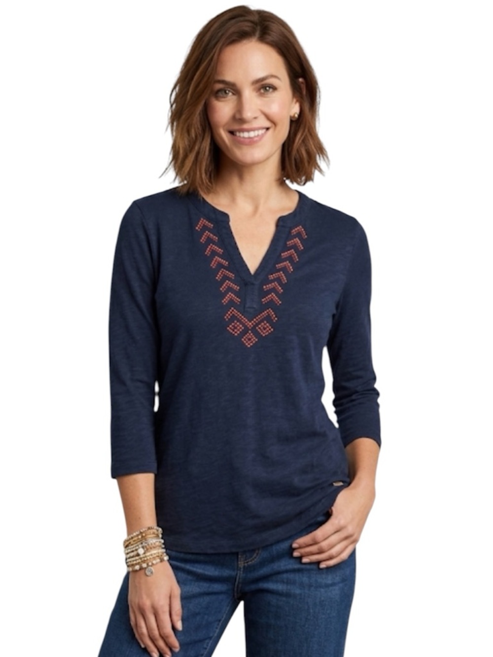 Tommy Hilfiger Women V Neck Navy 3/4  Length Blouse Shirt Top Size: S/P